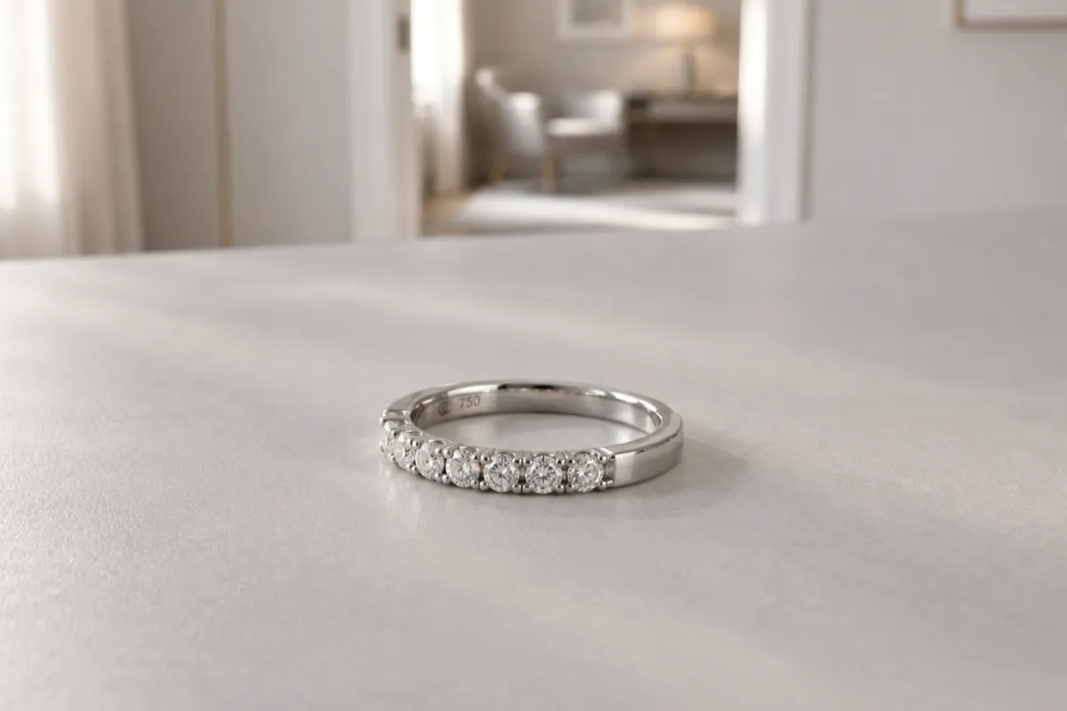 Alliansring i guld som ligger på ett ljust bord