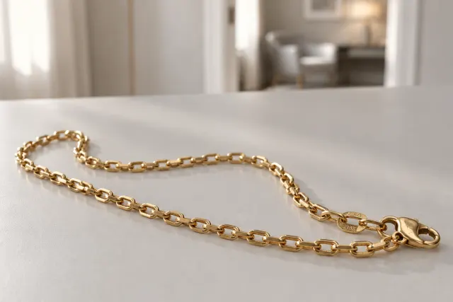 Ankarlänk halsband i guld som ligger på ett ljust bord