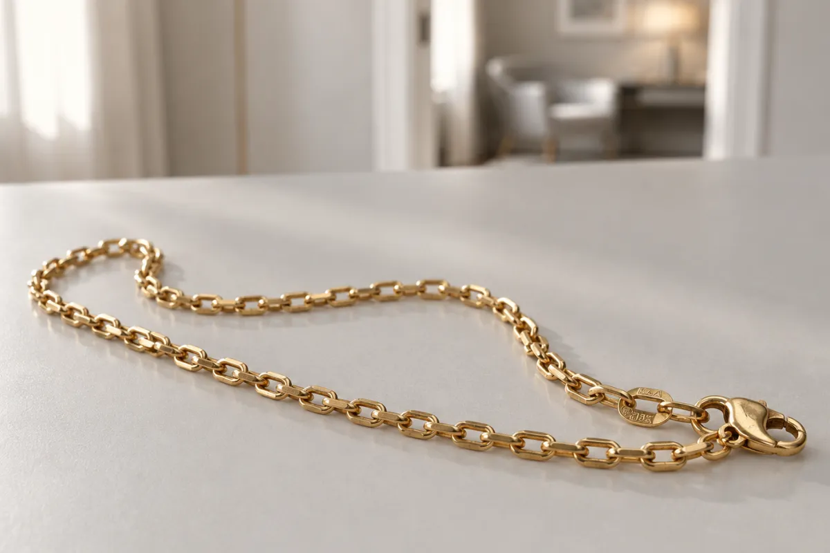 Ankarlänk halsband i guld som ligger på ett ljust bord
