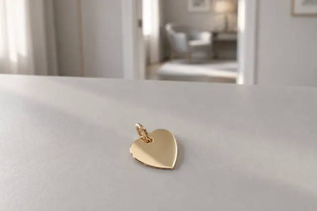 Berlock i guld i guld som ligger på ett ljust bord