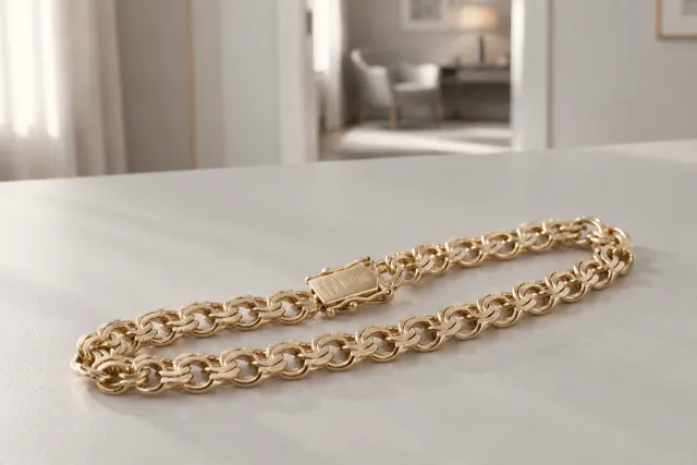 Bismarcklänk armband i guld som ligger på ett ljust bord