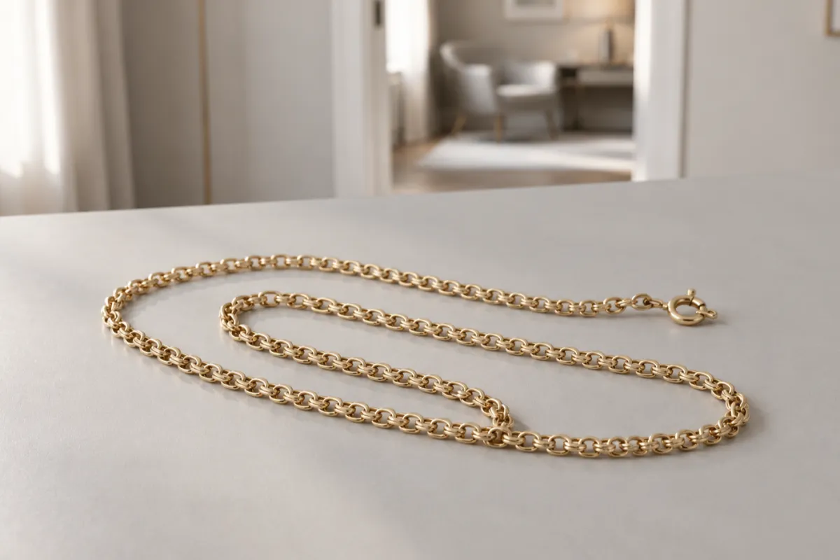 Bismarcklänk halsband i guld som ligger på ett ljust bord