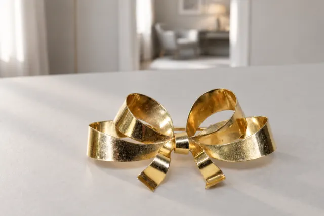 Brosch i guld i guld som ligger på ett ljust bord