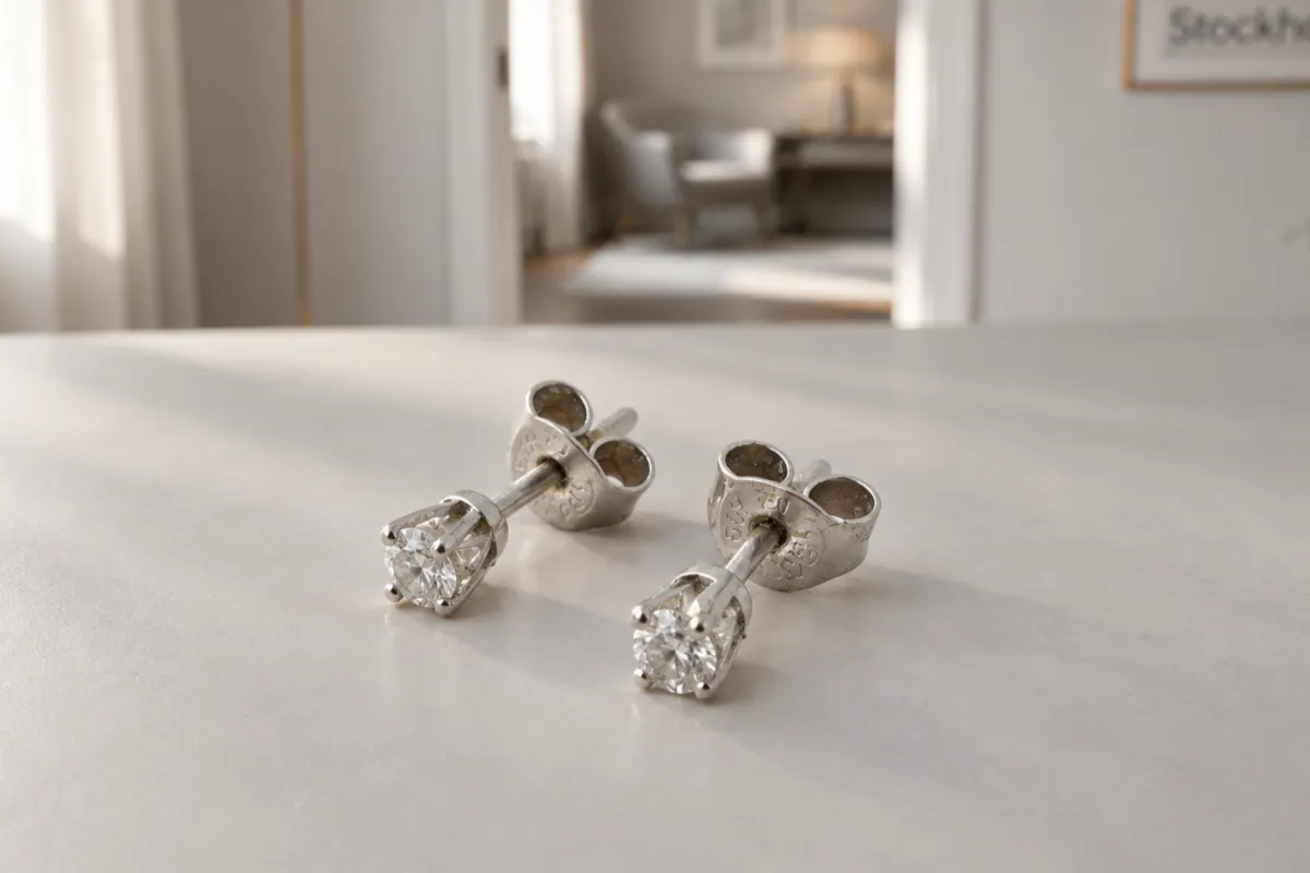 Diamantörhängen i guld som ligger på ett ljust bord