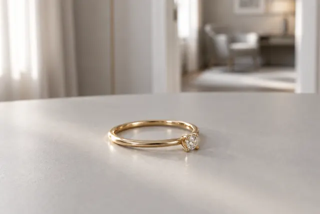 Diamantring i guld som ligger på ett ljust bord