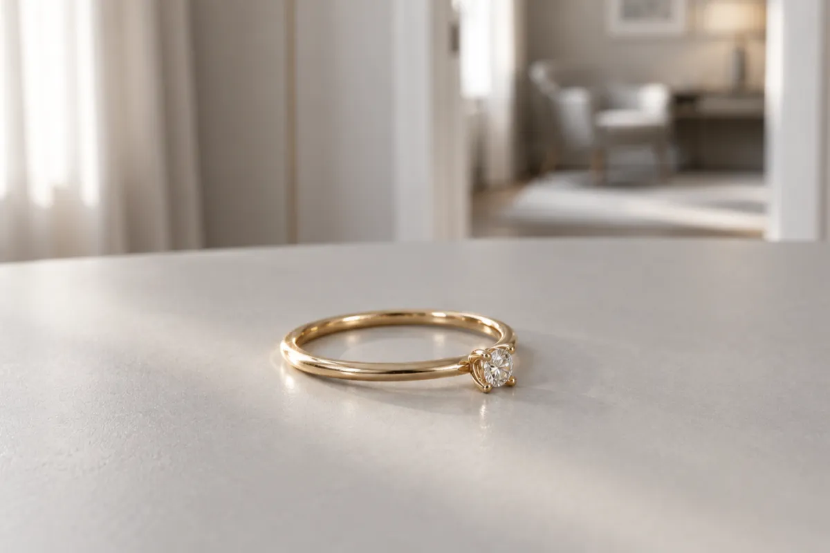 Diamantring i guld som ligger på ett ljust bord