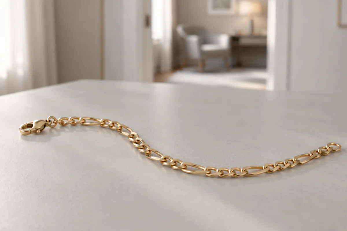 Figarolänk armband i guld som ligger på ett ljust bord