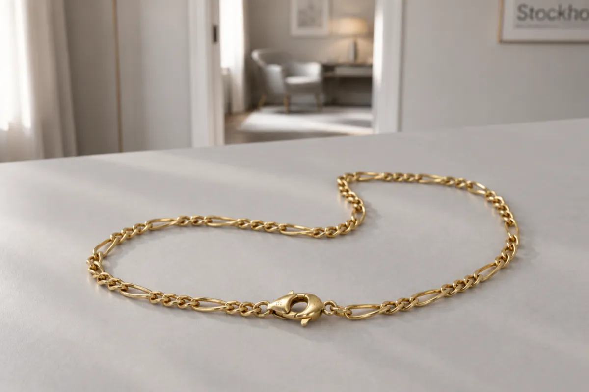 Figarolänk halsband i guld som ligger på ett ljust bord