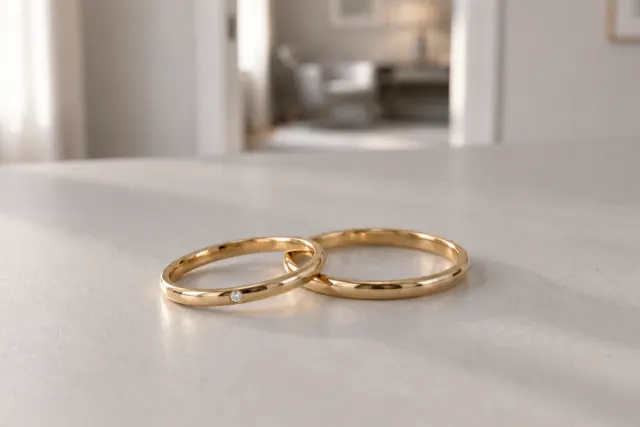 Förlovningsring i guld som ligger på ett ljust bord