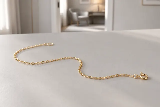 Fotlänk i guld i guld som ligger på ett ljust bord