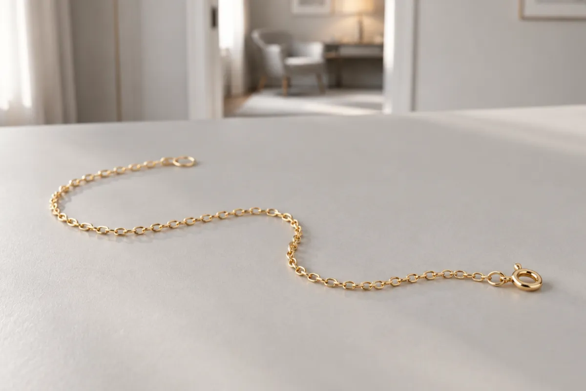 Fotlänk i guld i guld som ligger på ett ljust bord