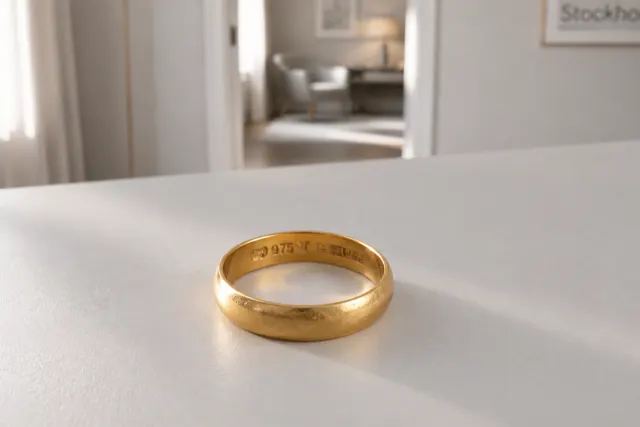Gammal guldring (23K) i guld som ligger på ett ljust bord