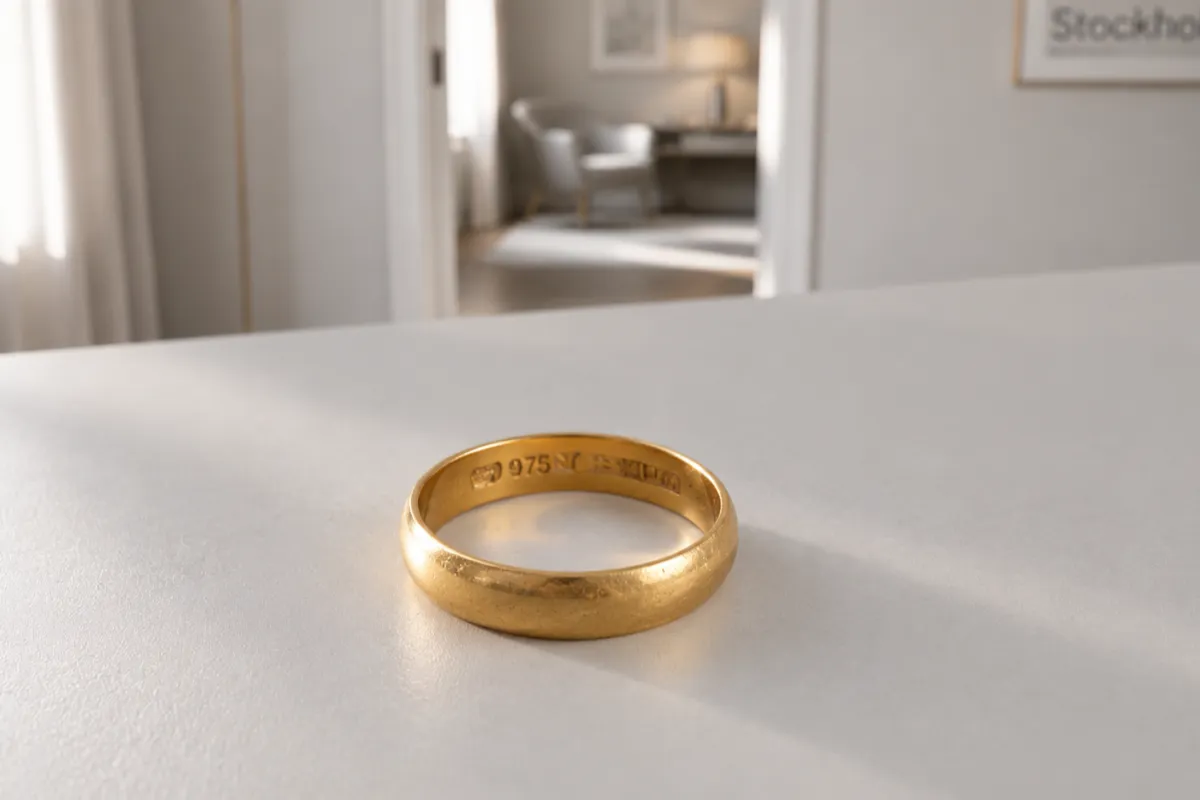Gammal guldring (23K) i guld som ligger på ett ljust bord