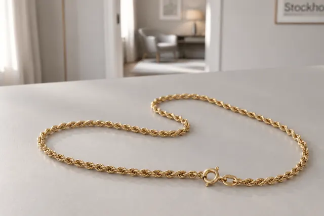 Guldhalsband i guld som ligger på ett ljust bord