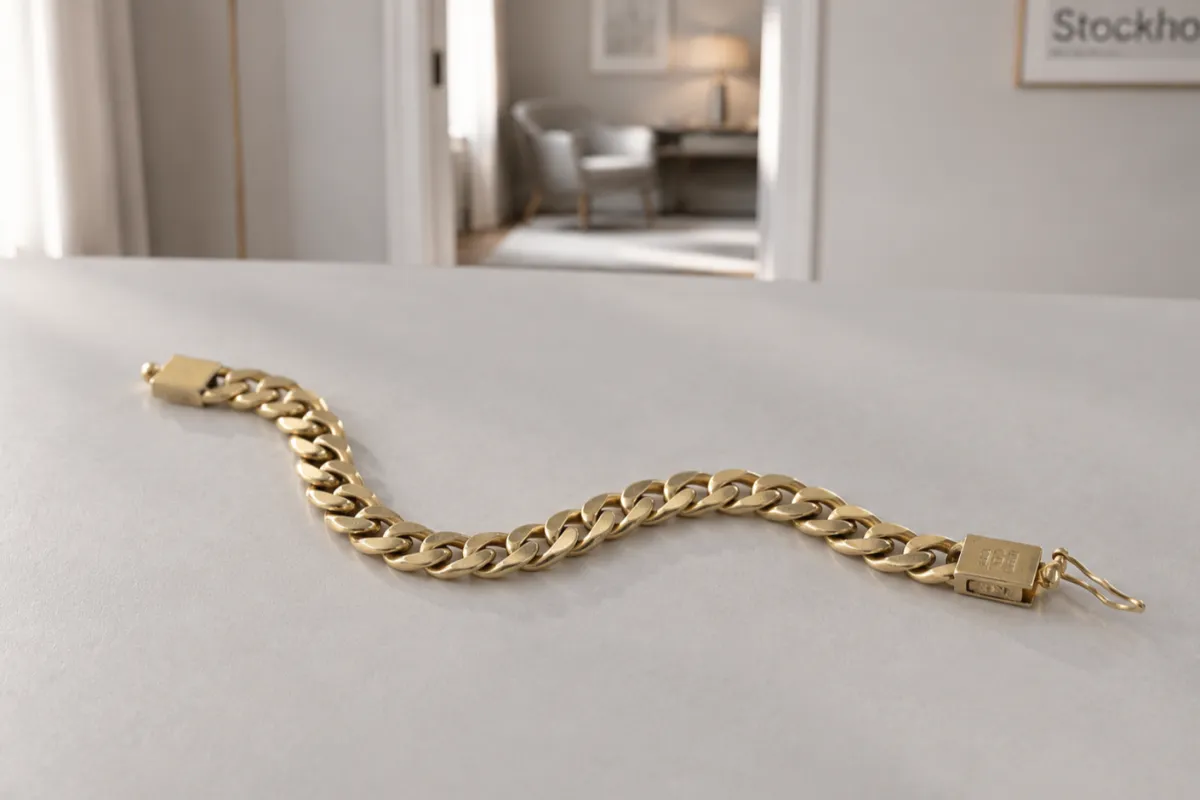 Herrarmband i guld i guld som ligger på ett ljust bord