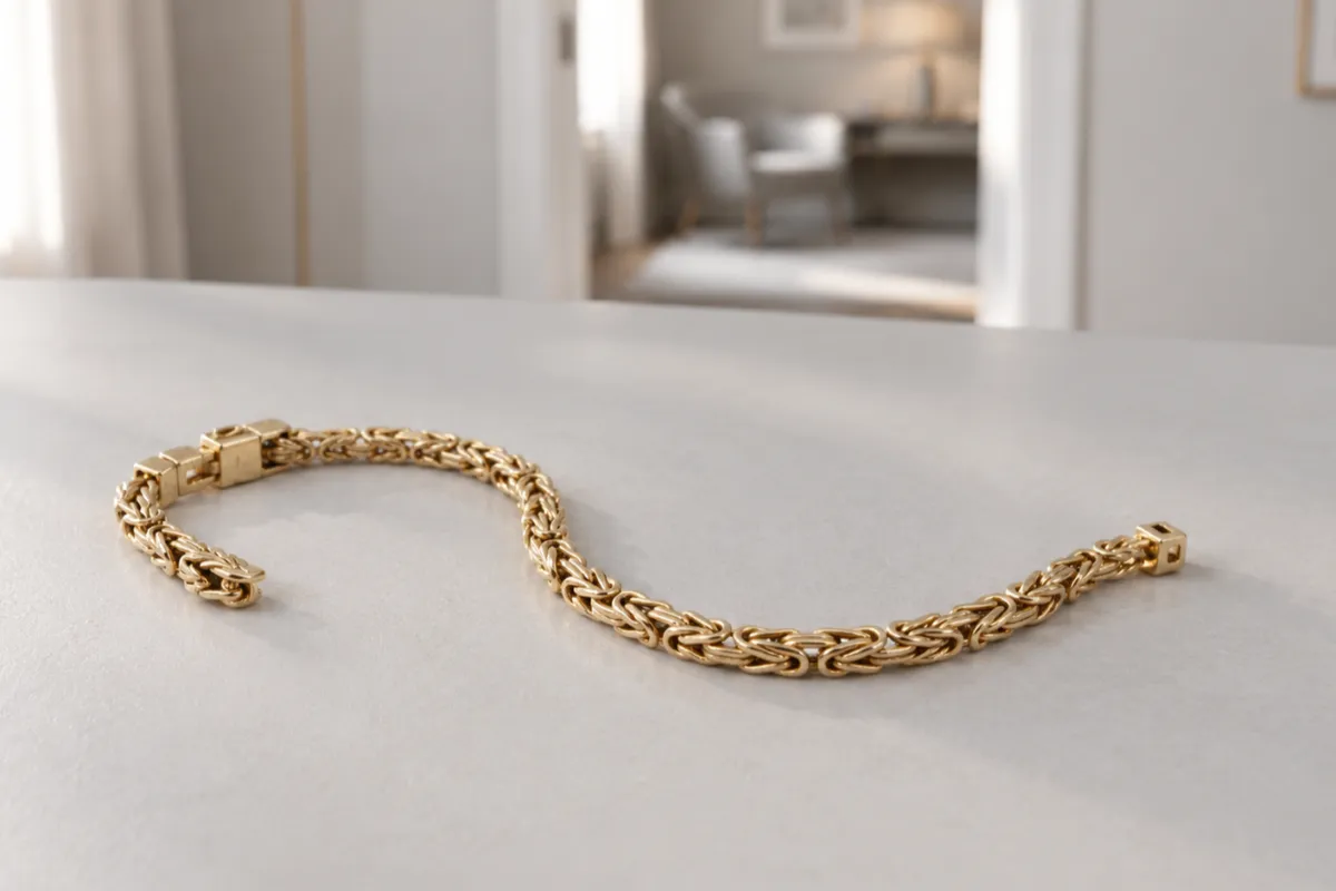 Kejsarlänk armband i guld som ligger på ett ljust bord