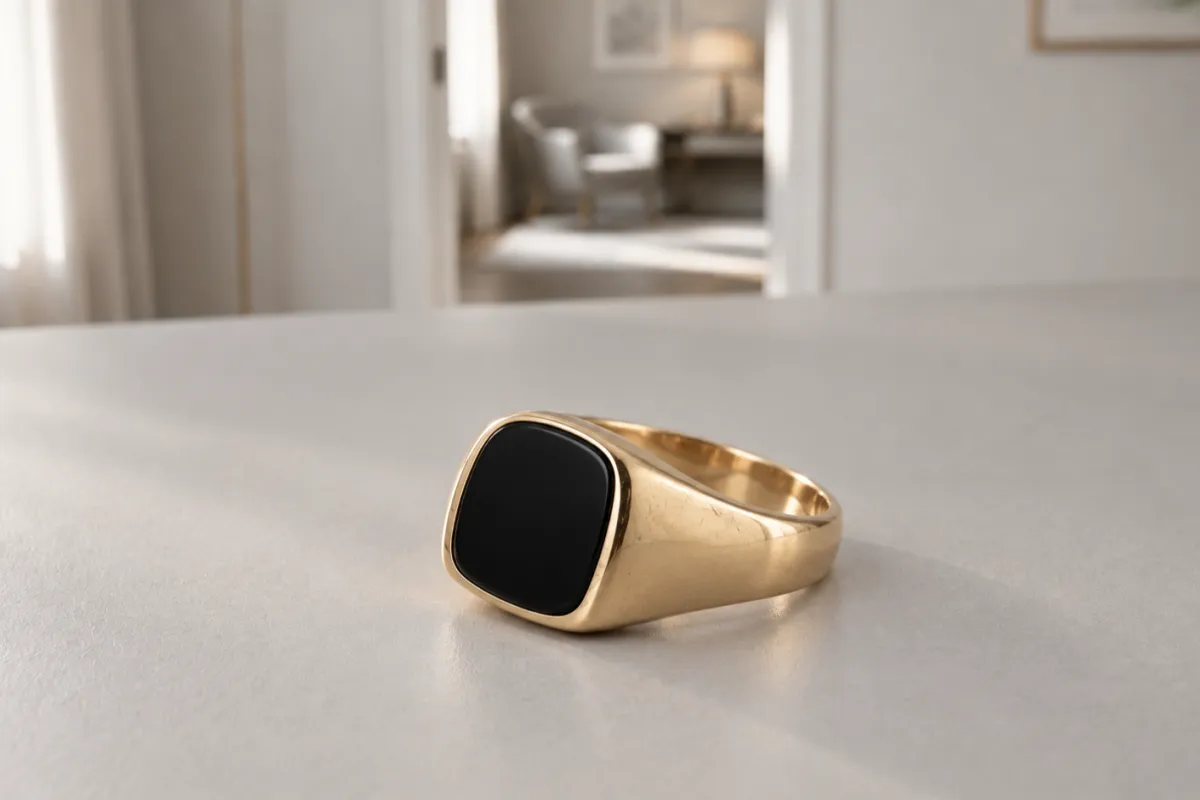 Klackring i guld som ligger på ett ljust bord