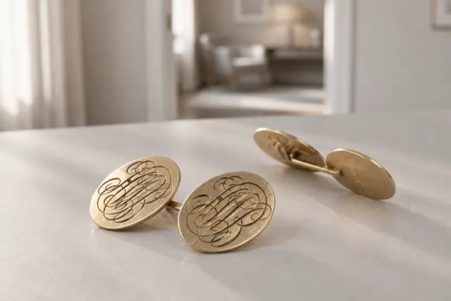 Manschettknappar i guld i guld som ligger på ett ljust bord