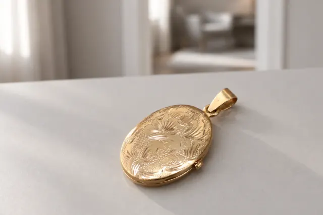 Medaljong i guld i guld som ligger på ett ljust bord