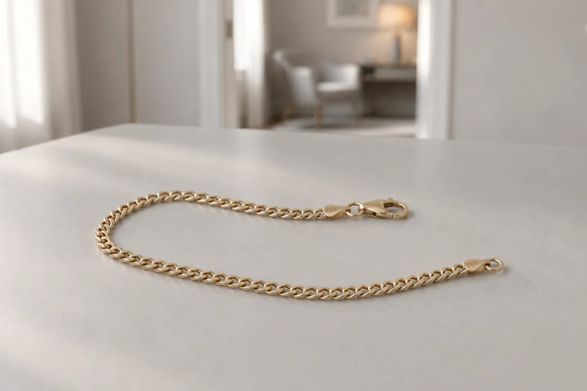 Pansarlänk armband i guld som ligger på ett ljust bord