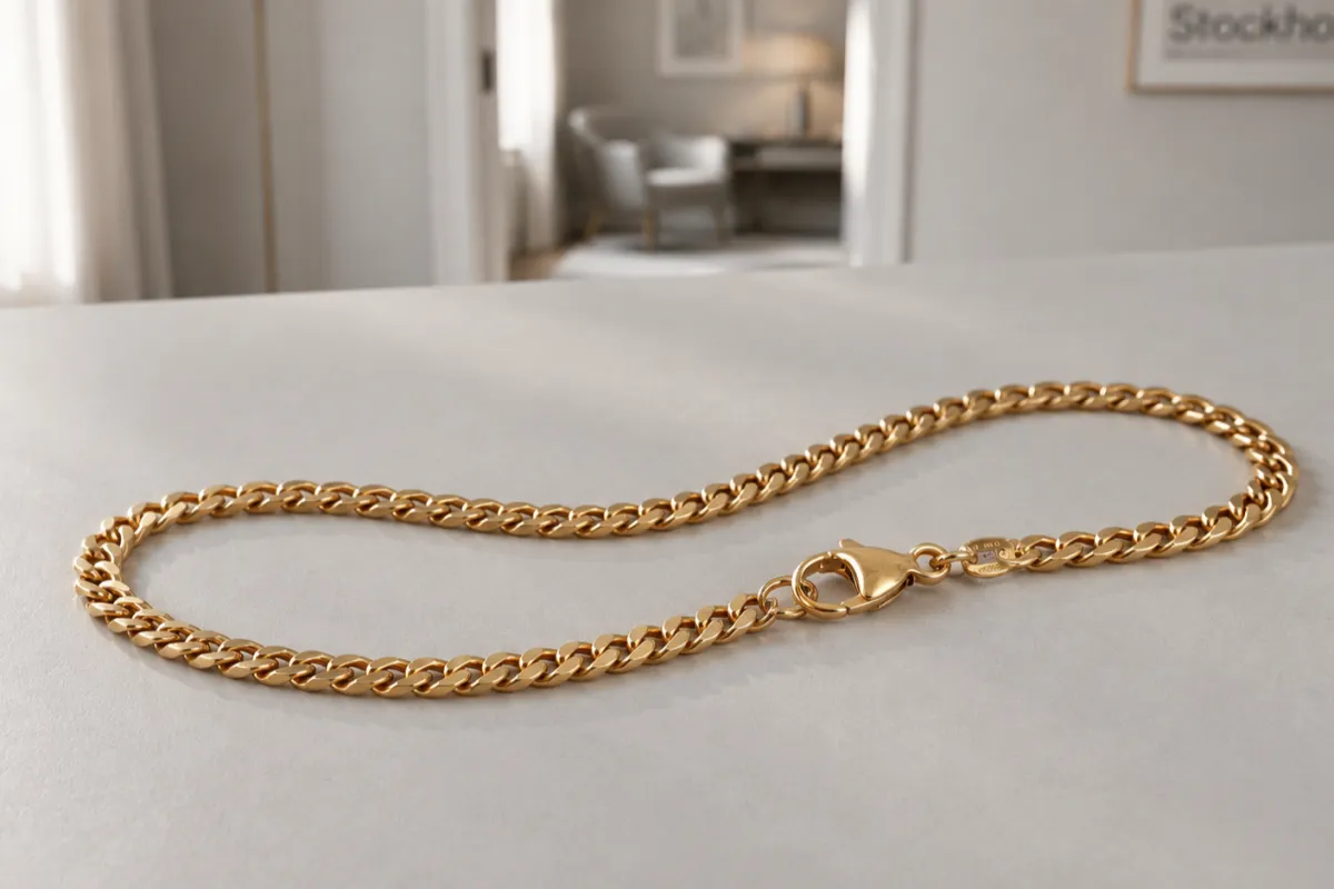 Pansarlänk halsband i guld som ligger på ett ljust bord