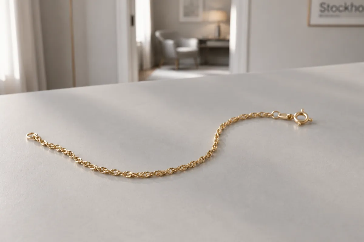 Singapore armband i guld som ligger på ett ljust bord