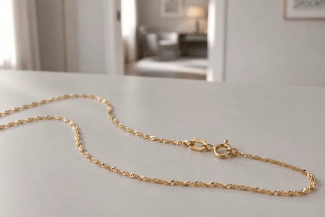 Singaporekedja i guld som ligger på ett ljust bord