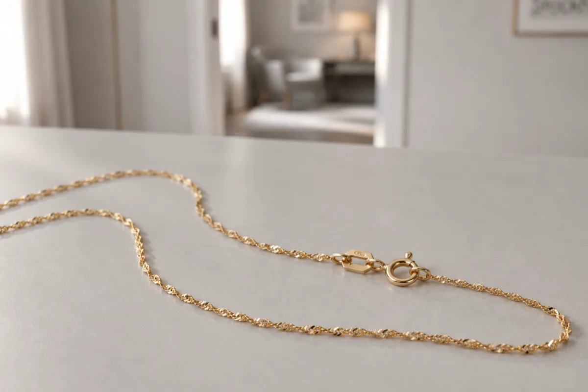 Singaporekedja i guld som ligger på ett ljust bord