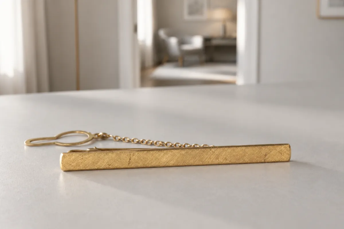 Slipsnål i guld i guld som ligger på ett ljust bord