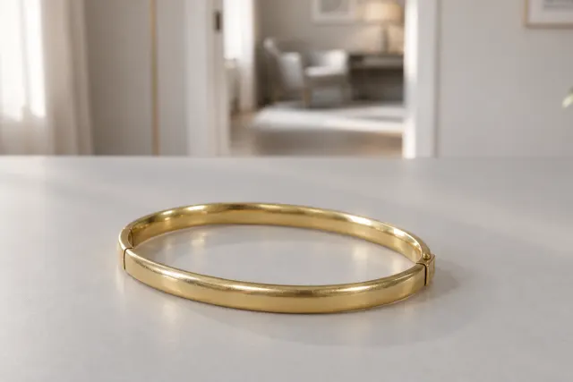 Stelt guldarmband i guld som ligger på ett ljust bord