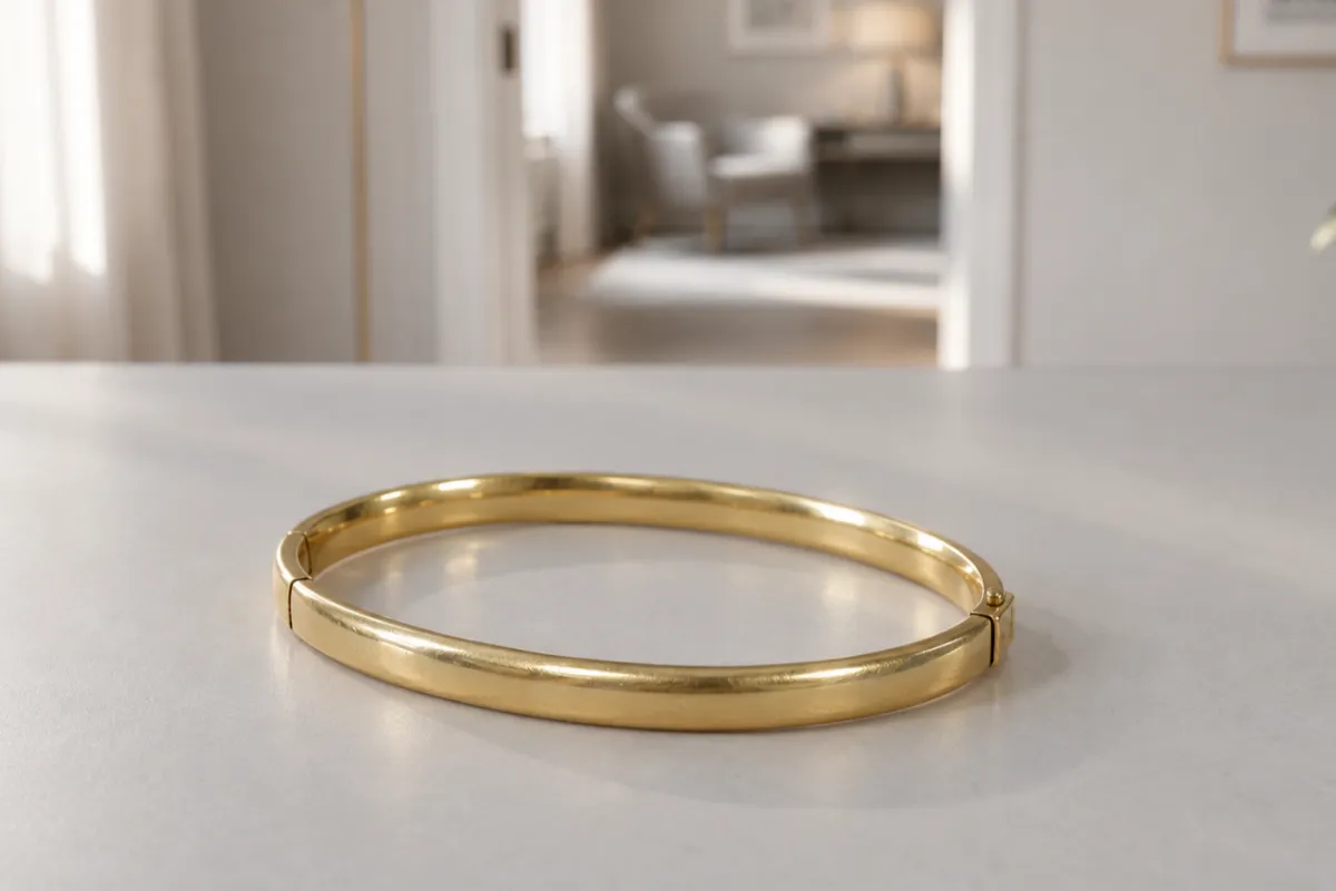 Stelt guldarmband i guld som ligger på ett ljust bord