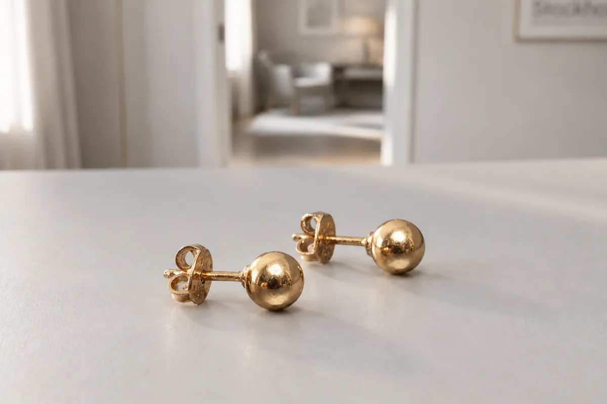 Stiftörhängen i guld i guld som ligger på ett ljust bord