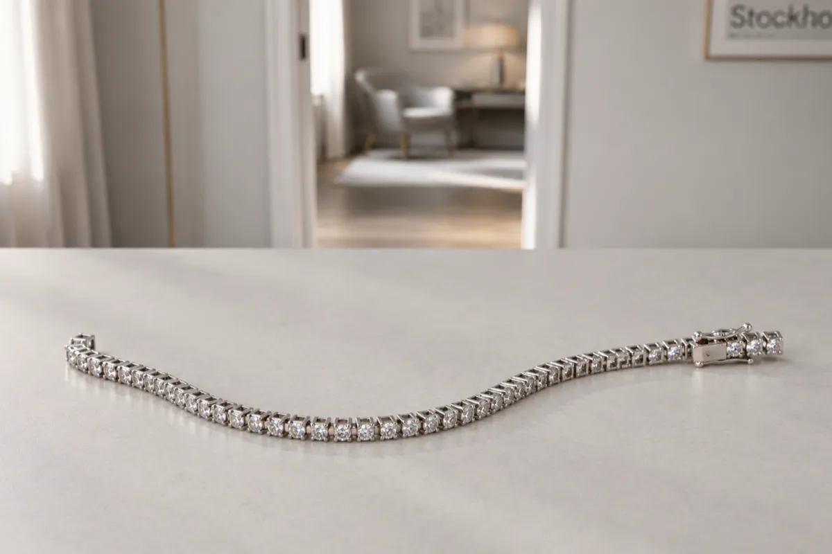 Tennisarmband i guld som ligger på ett ljust bord