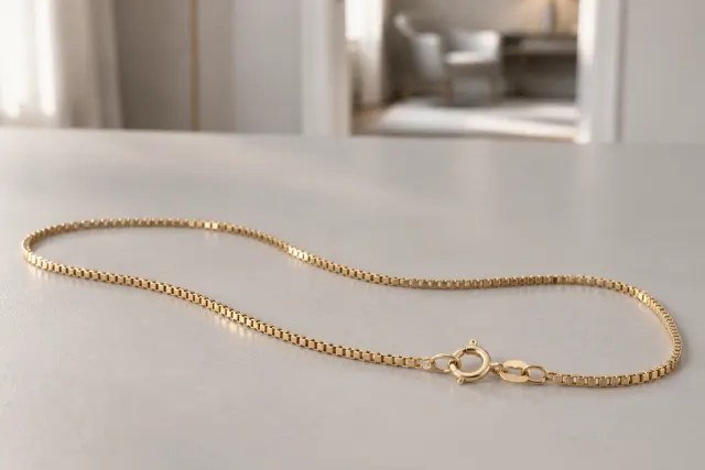 Venezialänk halsband i guld som ligger på ett ljust bord
