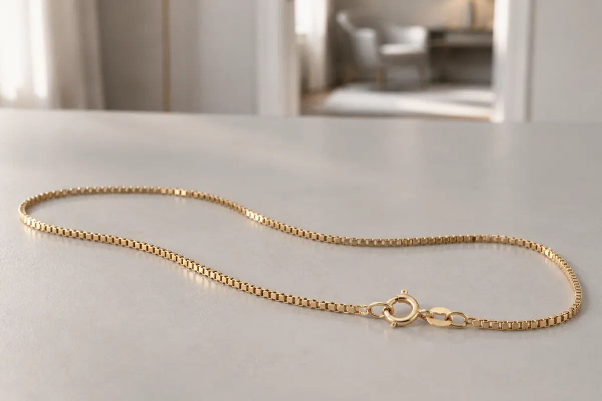 Venezialänk halsband i guld som ligger på ett ljust bord