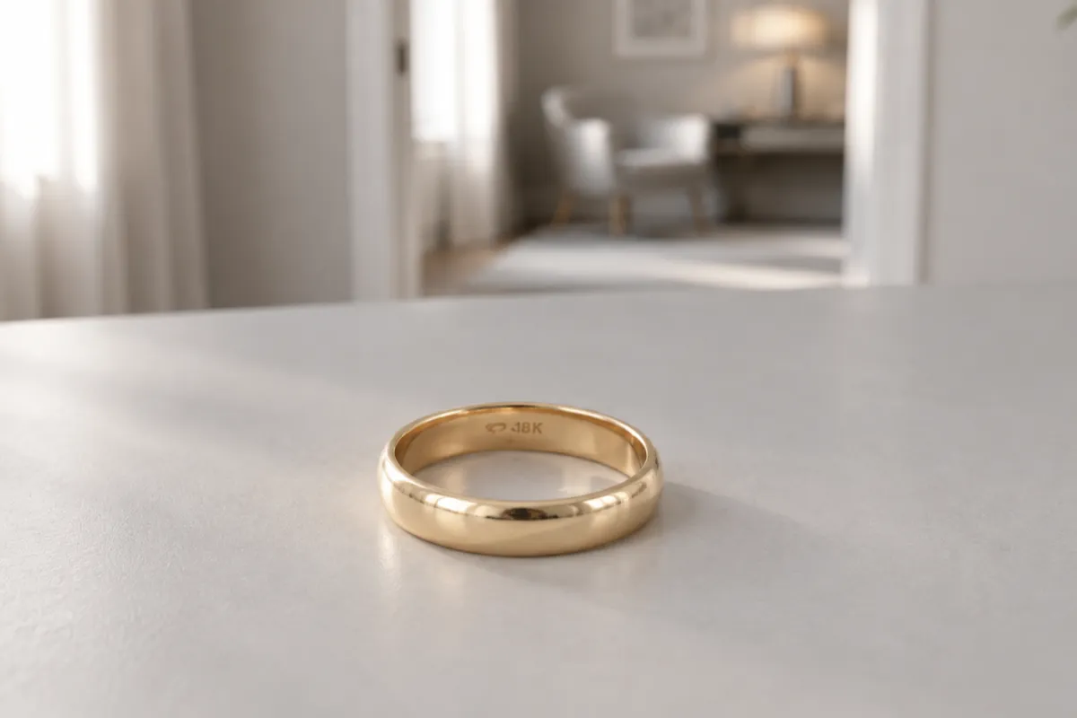 Vigselring i guld som ligger på ett ljust bord