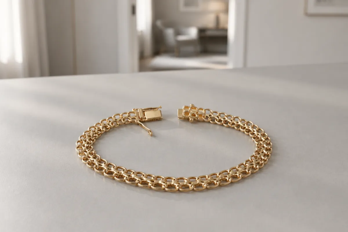 X-länk armband i guld som ligger på ett ljust bord