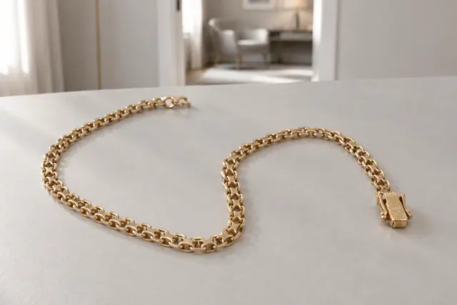 X-länk halsband i guld som ligger på ett ljust bord